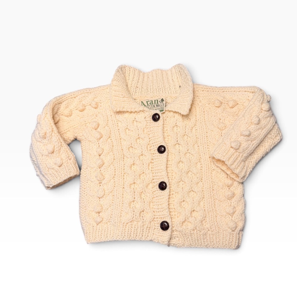 Aran Woollen Mills Kids Merino Wool Cable Knit Cardigan Cream Ireland Sz M 6-12m